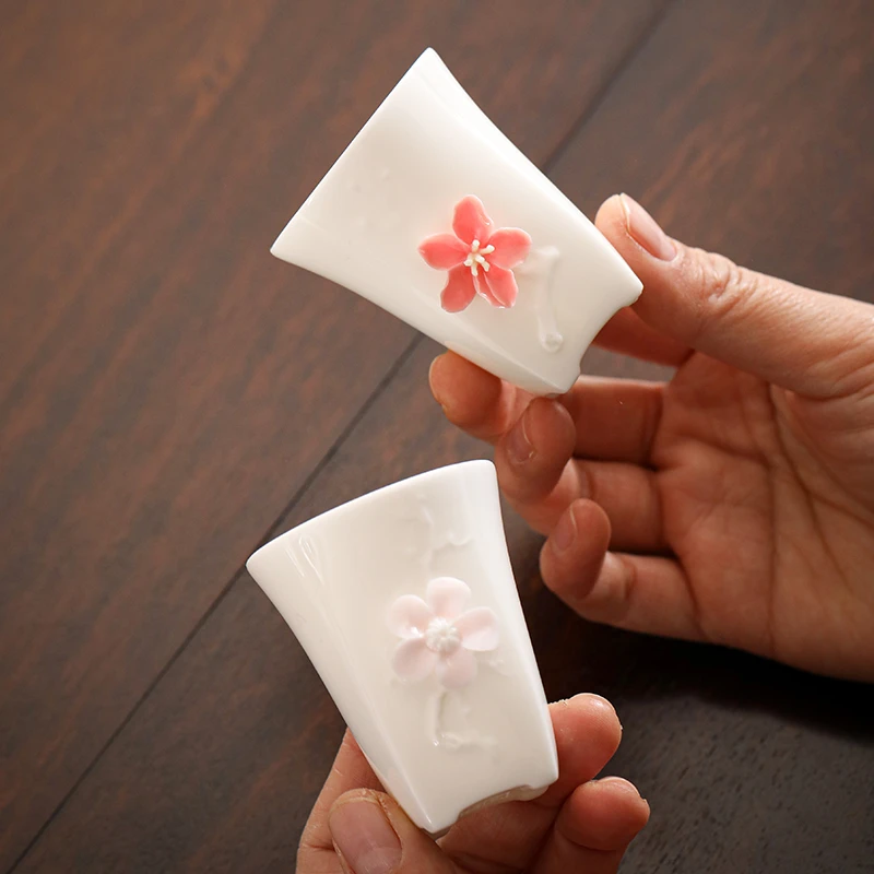 手工捏花白瓷茶杯女士品茗杯主人杯送人礼盒装情人节礼物送女朋友