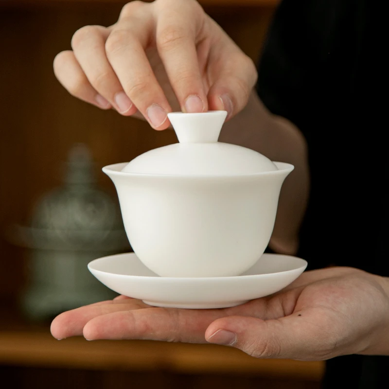 象牙白素烧玉瓷三才盖碗德化白瓷泡茶碗防烫单个茶杯家用功夫茶具