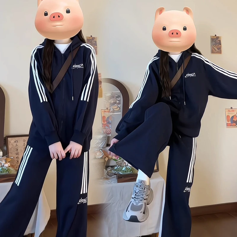 三条杠两件套装女春秋季初高中学生阔腿裤连帽纯棉卫衣休闲运动服