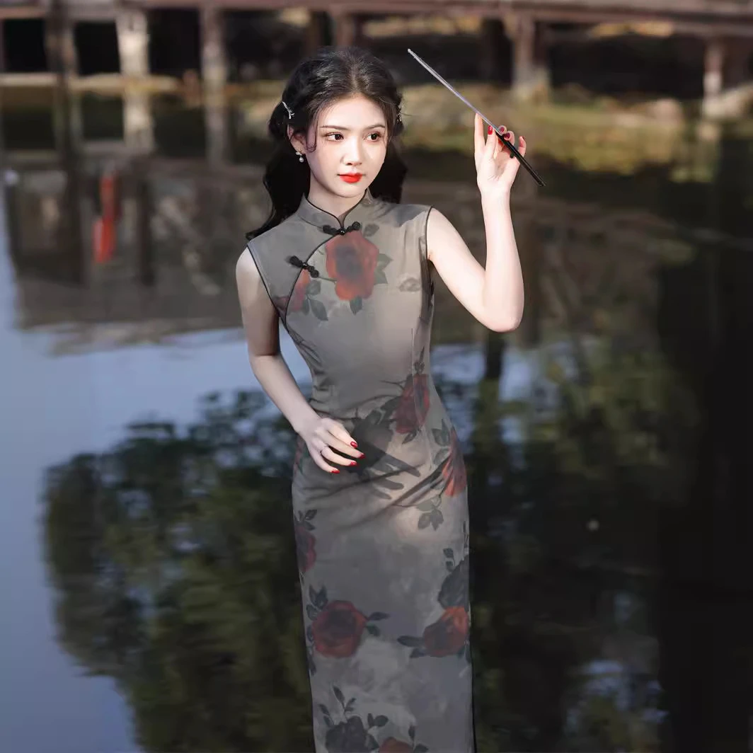 2024春夏新款网纱印花玫瑰双层中长款旗袍无袖国风老上海改良旗袍