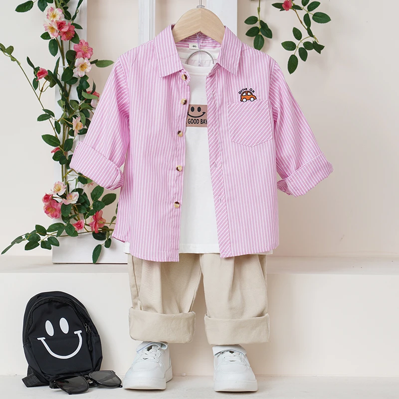 【男女同款薄款】2024新款条纹粉色儿童防晒衬衫童装男童长袖时尚