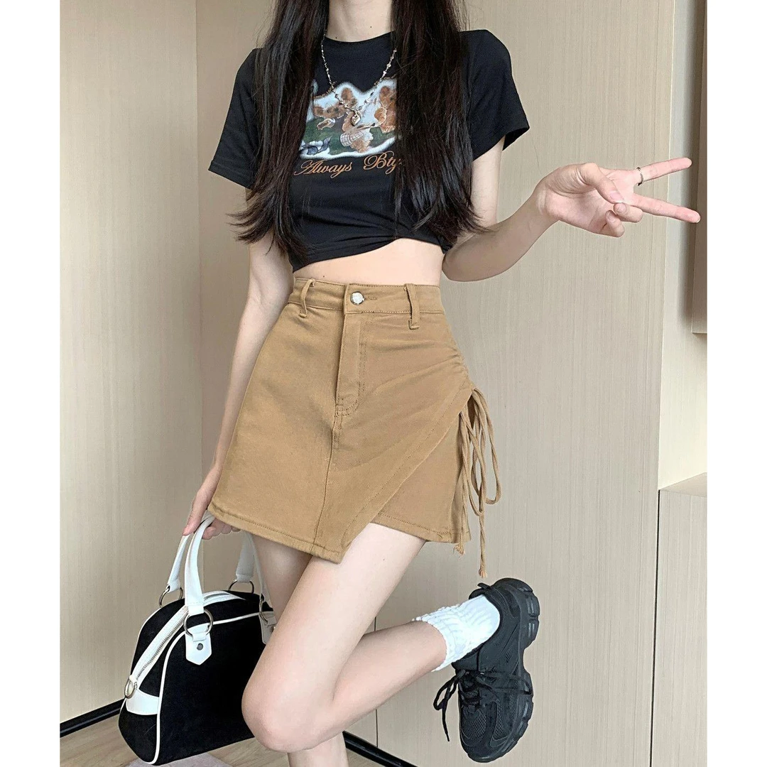 2023夏季新款休闲A字小众设计感抽绳半身裙百搭修身弹力热短裤裙