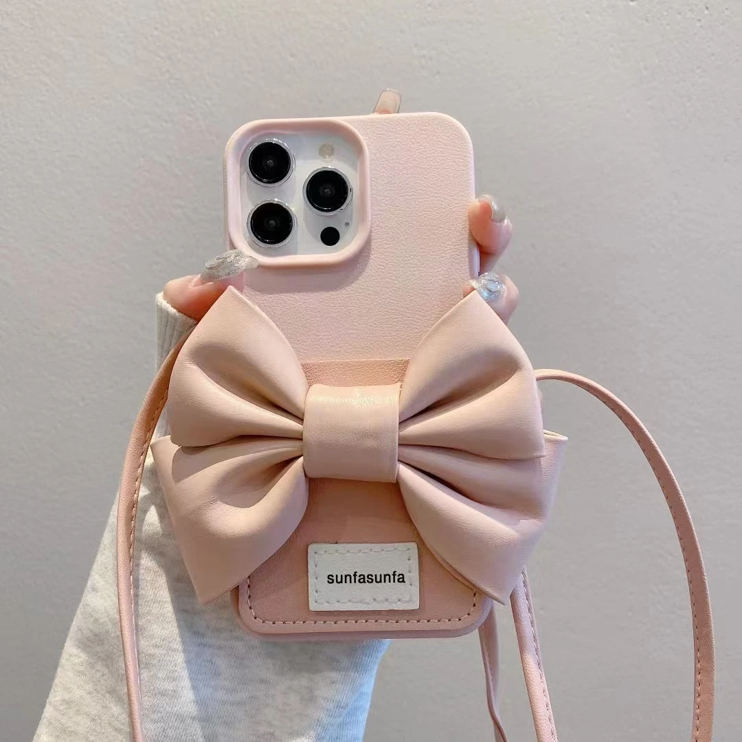 粉色蝴蝶结零钱卡包适用iPhone16promax手机壳苹果15pro斜挎绳14