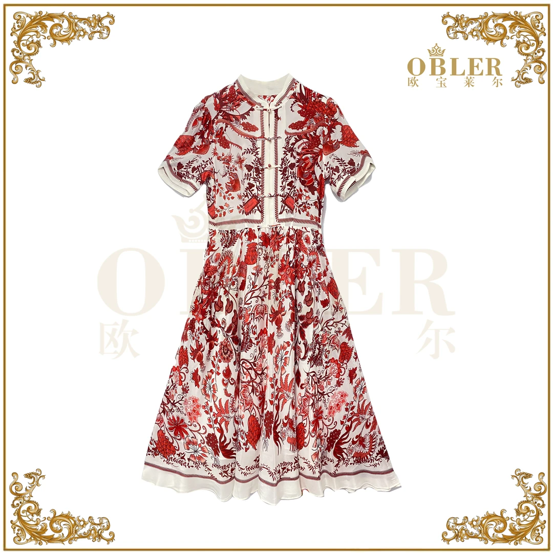 欧宝莱尔【欧宝莱尔】时尚气质轻奢优雅真丝连衣裙114-24376红色