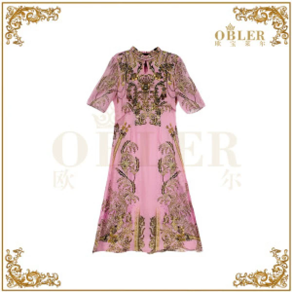【欧宝莱尔】OBLE新款时尚气质优雅真丝连衣裙114-24156粉色轻奢