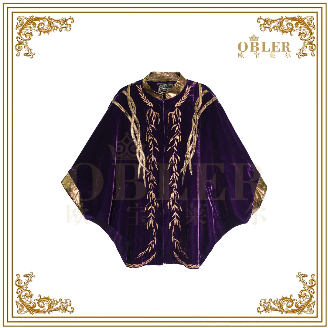 欧宝莱尔宫廷风印花桑蚕丝外套秋季紫色中长袖短款305-24840重工