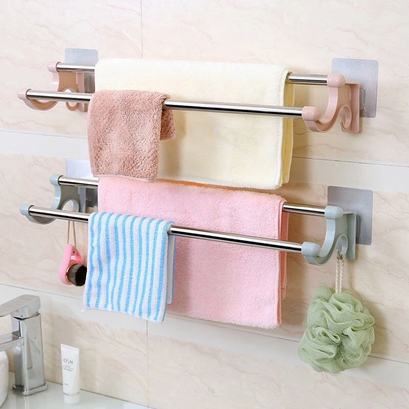 芯隆免打孔挂架浴巾架双杆置物架子卫生间挂架浴巾架单杆置物挂架