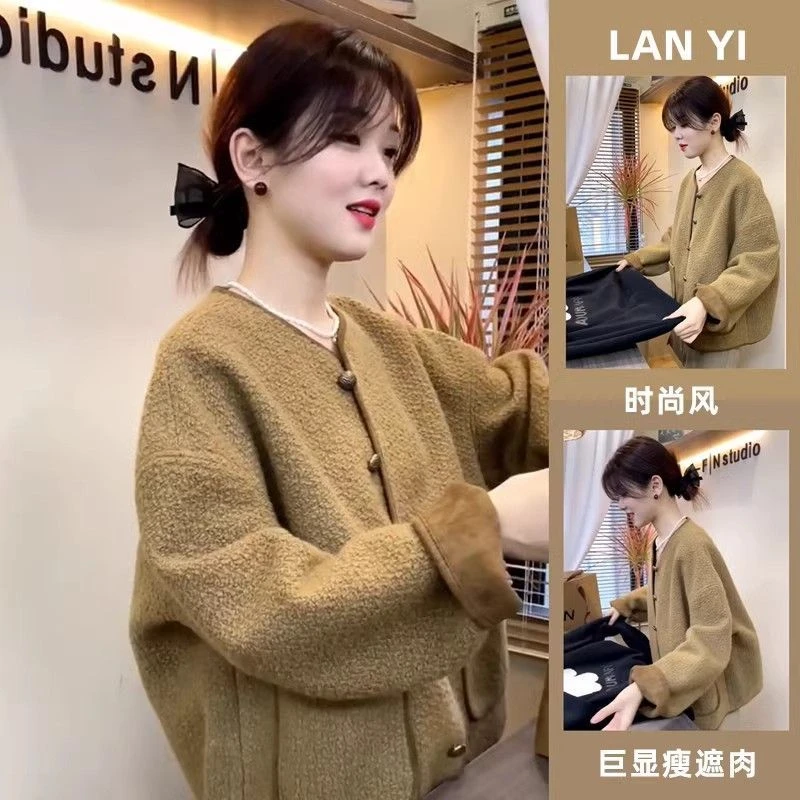 小香风毛毛外套秋季新款时尚宽松休闲圆领单排扣上衣潮