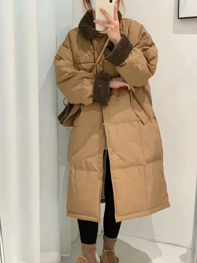 新国标大朵白鸭绒灯芯绒领拼接中长款宽松休闲羽绒服