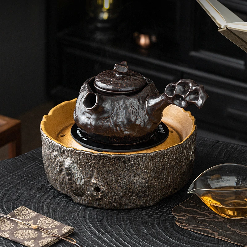 创意树桩电陶炉围炉煮茶家用泡茶壶烧水壶侧把老白茶普洱蒸煮茶器