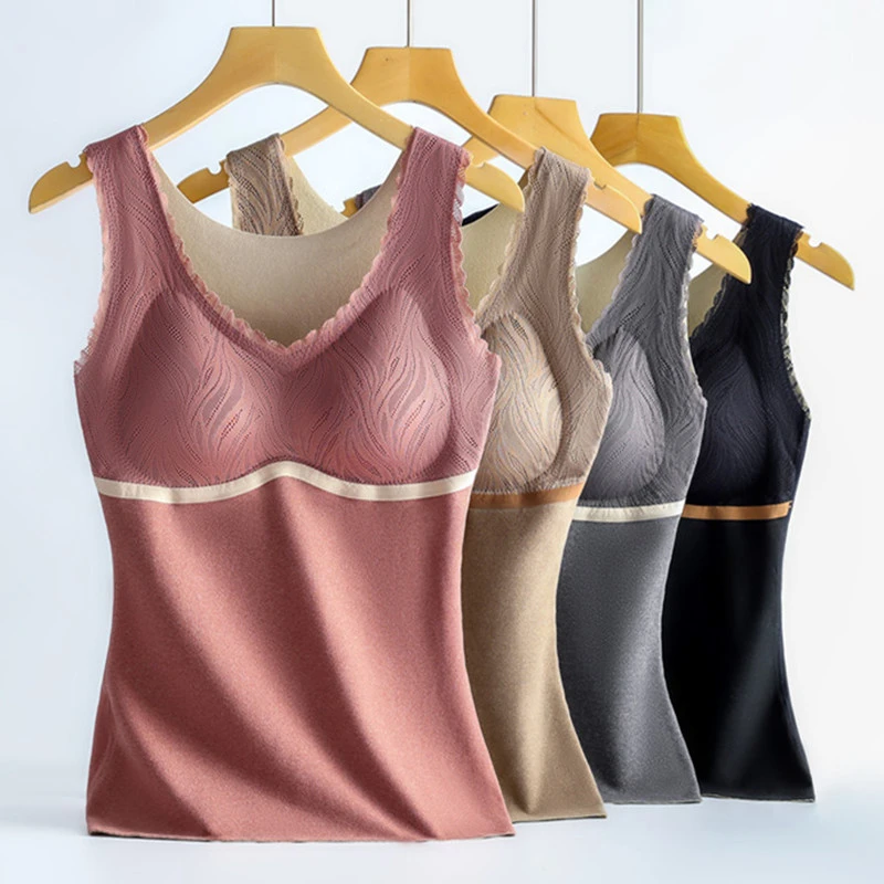 无痕德绒保暖背心女士带胸垫免穿文胸内搭打底衫保暖背心