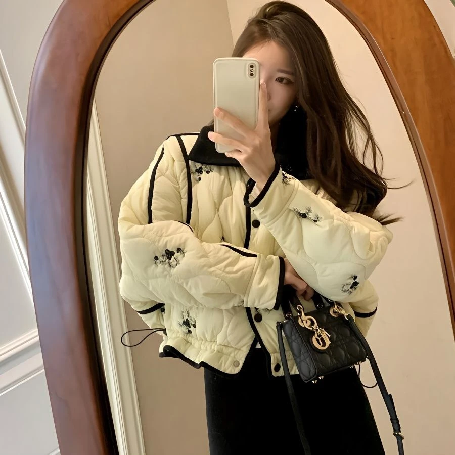 韩版绣花小众加厚保暖短款秋冬外套棉服女设计感宽松百搭显瘦上衣
