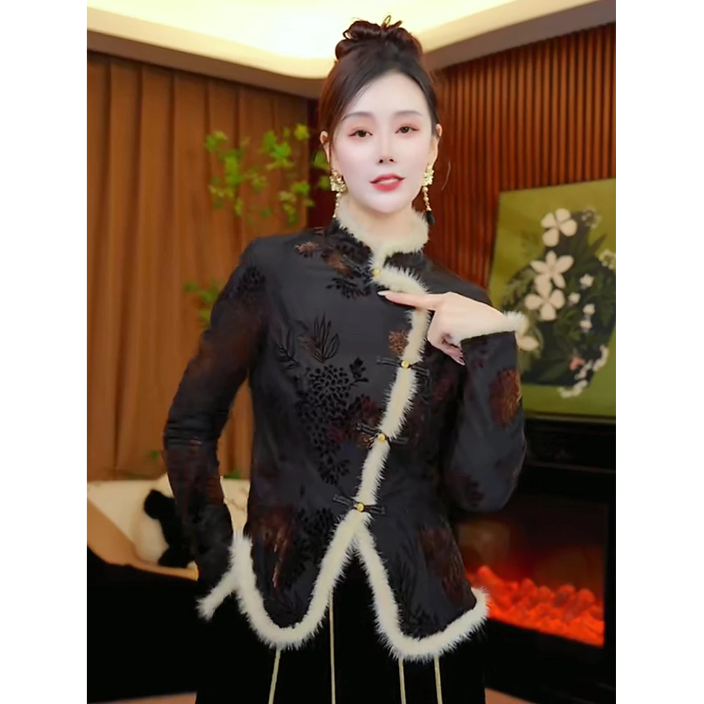 2024年冬季新中式植绒毛毛上衣百搭立领显瘦烧花加绒加厚斜襟打底