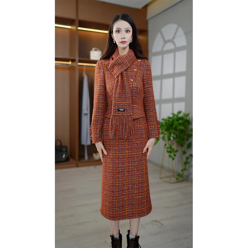 【围巾➕连衣裙】复古红色毛呢优雅气质假两件连衣裙2024年秋冬新款