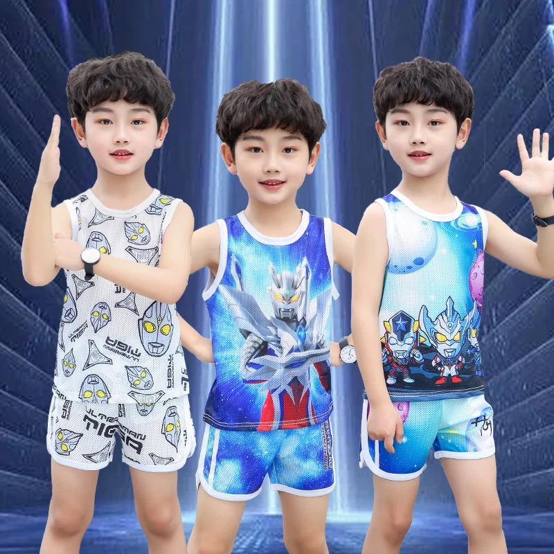 正版奥特曼童装男孩夏季清爽速干背心套装卡通小学生男童薄荷曼波
