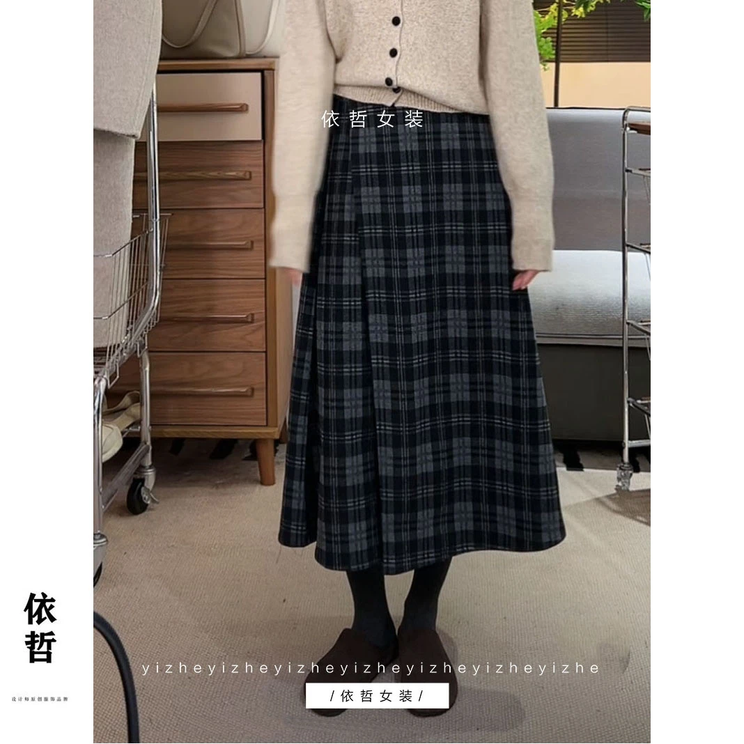 “”复古格纹半身裙“”FY2415秋冬呢半身裙显瘦时尚黑色A字