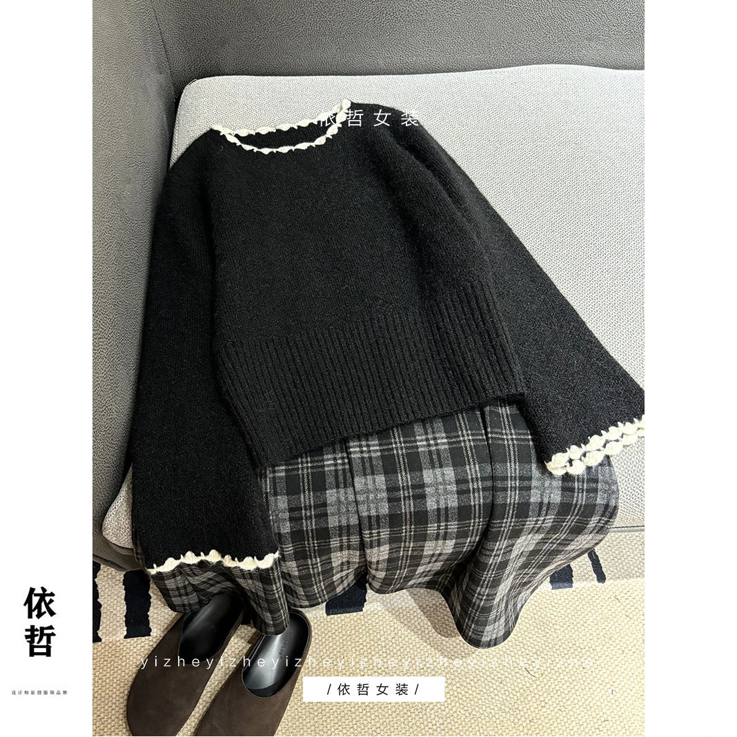 “”勾花喇叭袖毛衣“”ZF2016纯色针织衫女宽松慵懒风毛衣2024