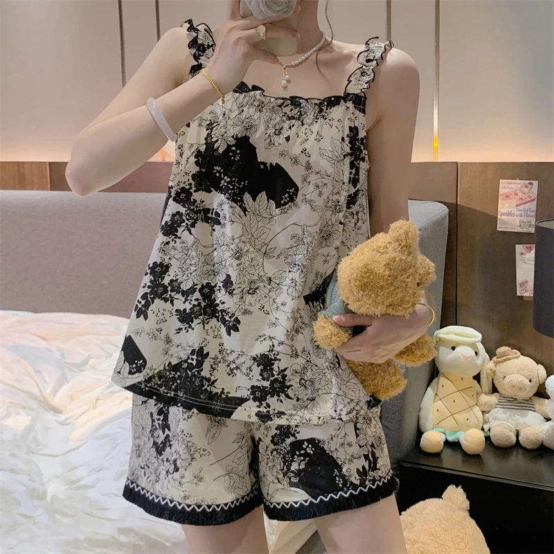 简约流苏花边夏天短裤睡衣夏季清凉气质甜美薄款套头女睡衣两件套