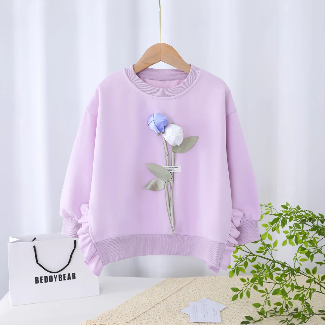 紫色郁金香立体花朵女童圆领中大童春秋款长袖洋气卫衣