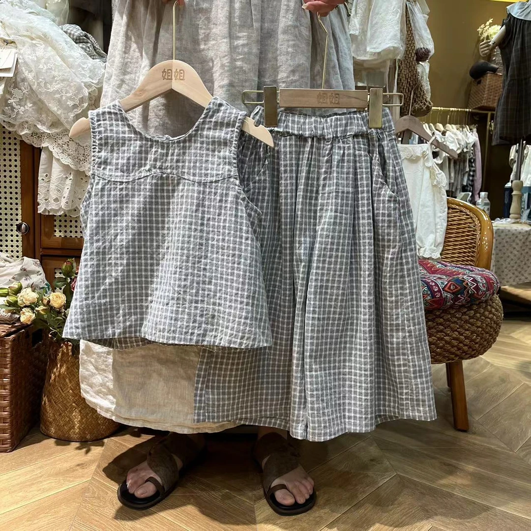 〖姐姐家〗24夏款儿童格子麻质套装娃娃衫 sy3246