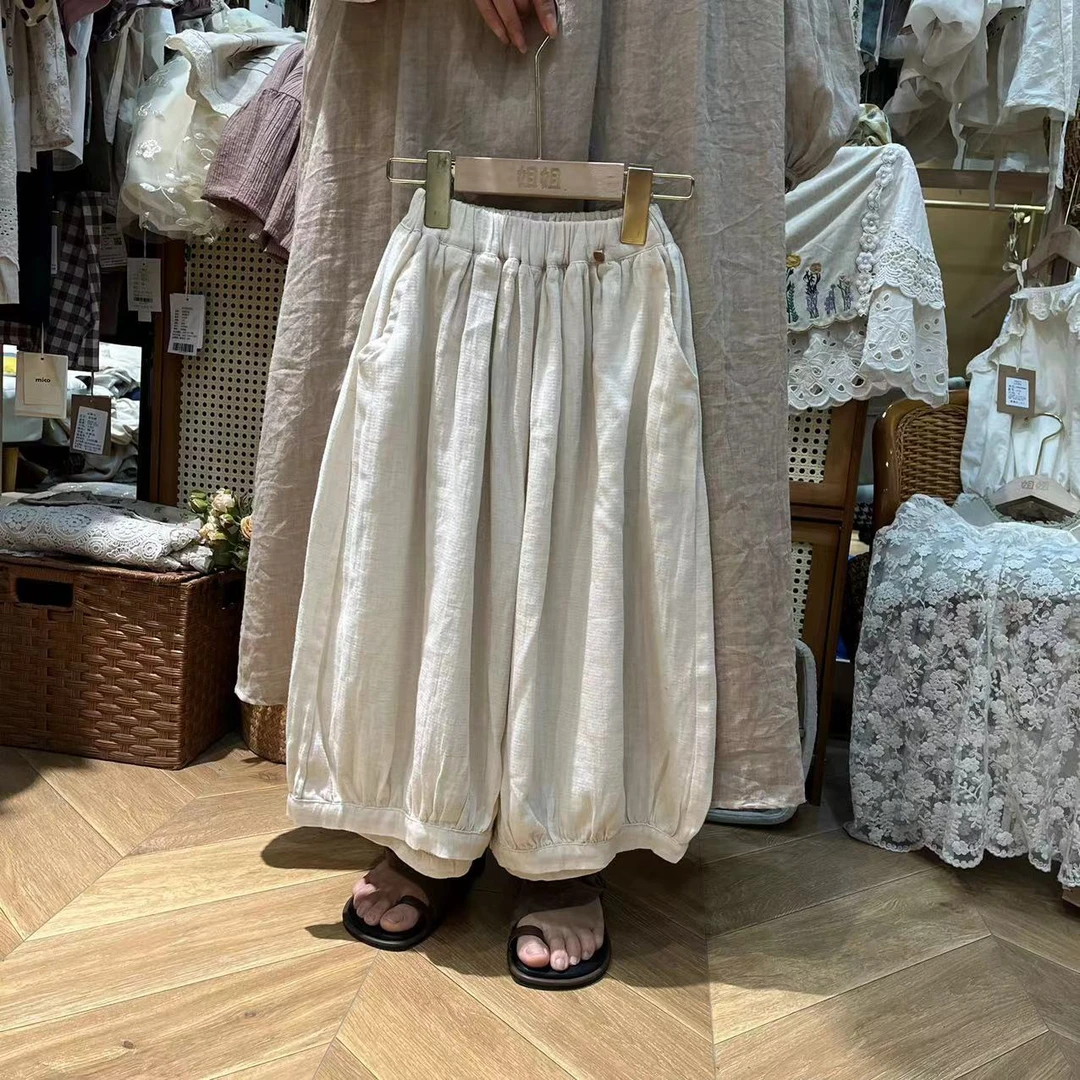 〖姐姐家〗24夏款儿童七分杏色麻料墩墩阔腿裤sy5898