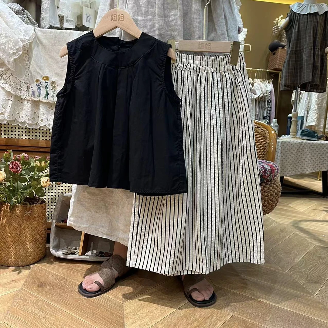 〖姐姐家〗24夏款儿童黑色挂脖娃娃衫+裤子套装 sy3151