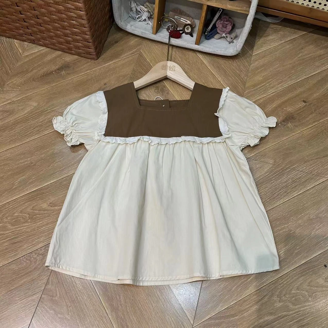 〖姐姐家〗24夏款儿童拼色花边娃娃衫泡泡袖打褶上衣衬衫zx24570