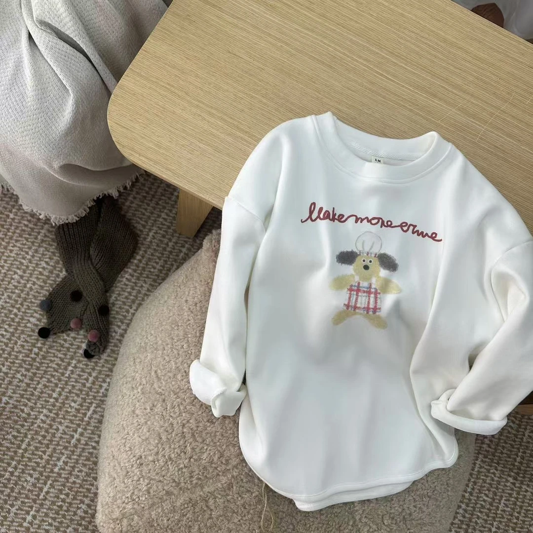 〖姐姐家〗2024冬款儿童卡通小狗印花长袖加薄绒卫衣lm9701 sy3548