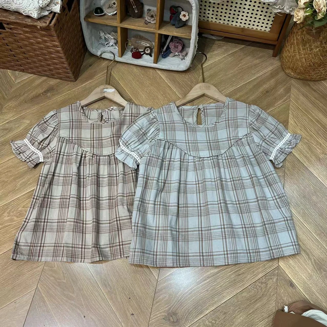 〖姐姐家〗24夏款儿童格子蕾丝花边娃娃衫打褶上衣衬衫zx24391