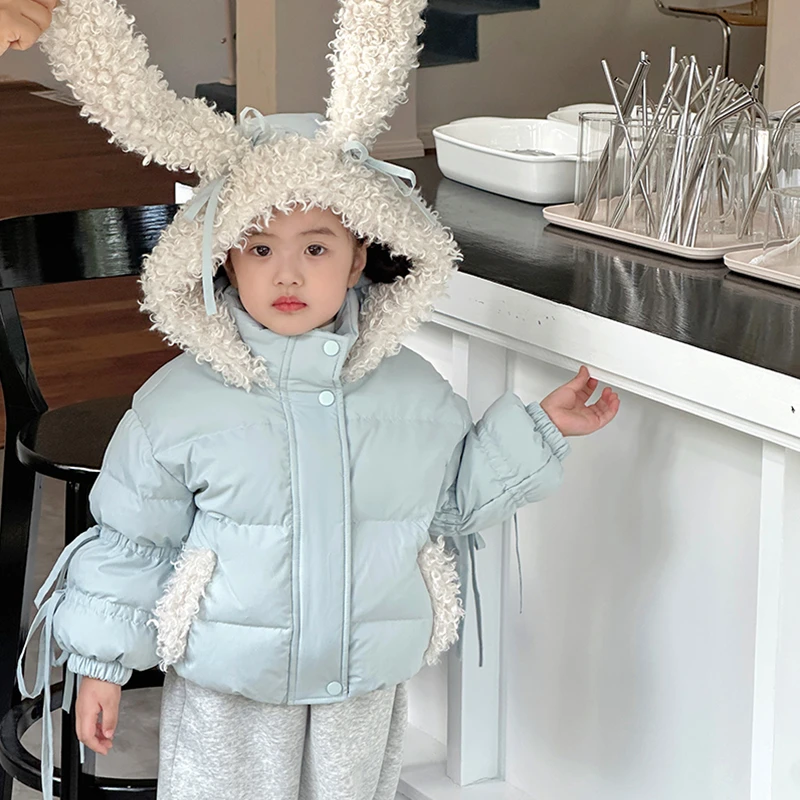 2024冬季粉嫩嫩兔耳朵加厚羽绒服 女宝90白鸭绒保暖羽绒 棉服外套