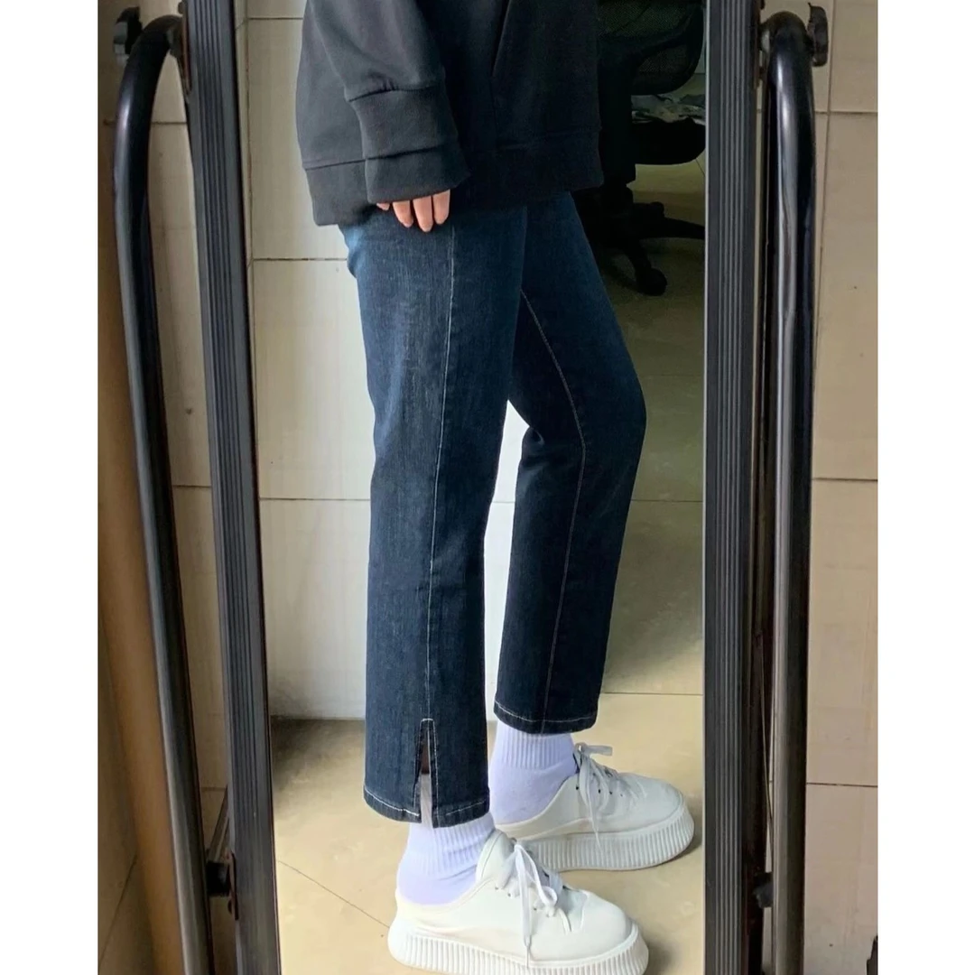 2-300斤特大码女装复古弹力牛仔九分设计感侧开叉胖mm直筒烟管裤