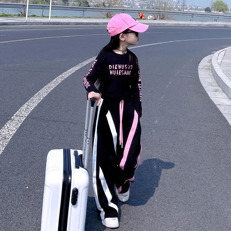 女童嘻哈阔腿裤2025春秋新款中大童撞色渐变设计款宽松休闲拖地裤