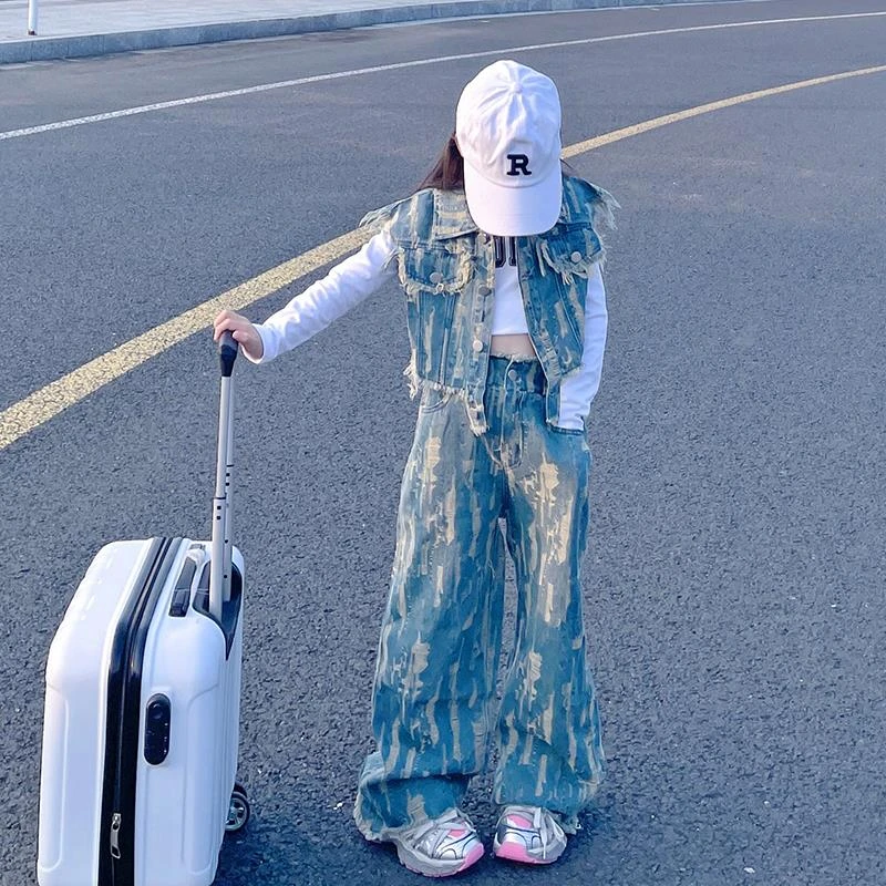 女童套装2025新款韩版洋气春秋季儿童网红时髦秋装牛仔马甲两件套