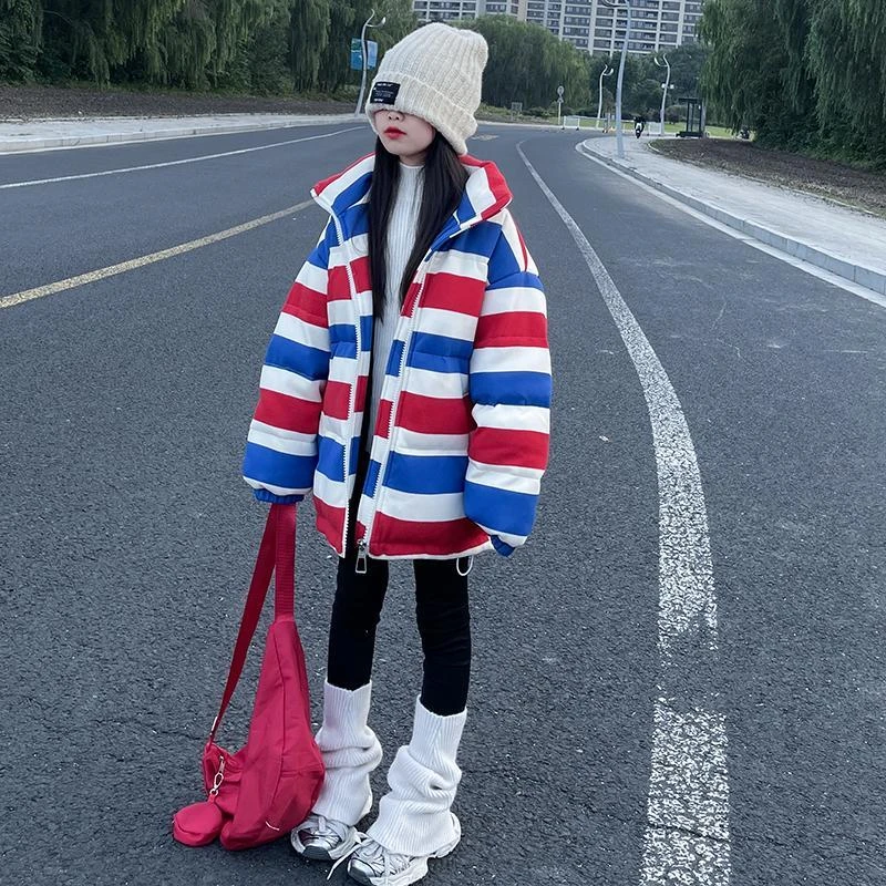 韩国女童冬季棉服外套2024新款中大童洋气加厚拼色棉衣保暖潮