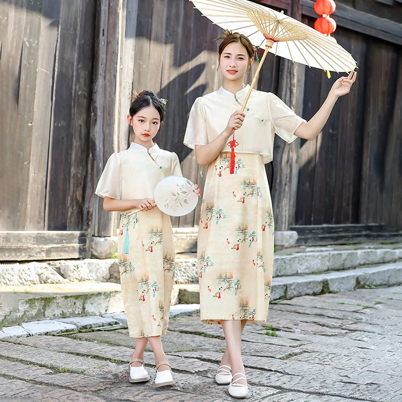 女童亲子装吊带裙国风套装2024少女夏季复古中式日常母女时尚潮流