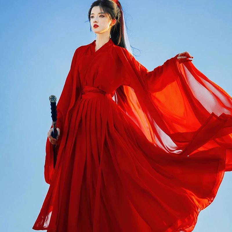 女装酷飒汉服红色古风武侠诃子裙女广袖摄影演出马面裙齐腰襦裙