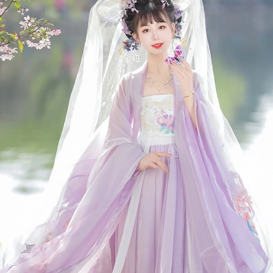 原创唐制汉服女马面裙广袖中式大袖衫超仙紫色诃子裙复原仙气飘逸