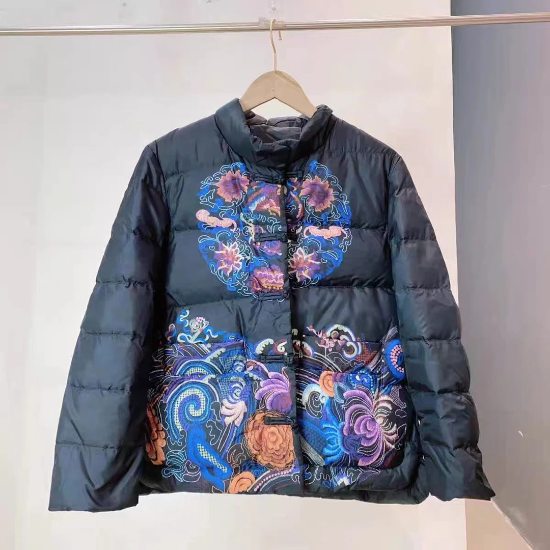 2024新款民族风白鸭绒女印花复古中式盘扣立领对襟羽绒服00723