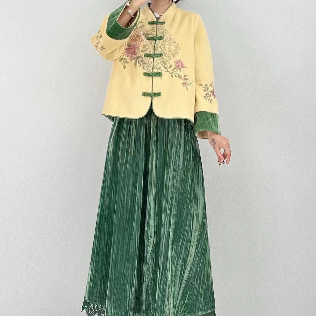 正品保障新款高档茶艺师茶服国风绣花盘扣中式呢子大衣短外套5911