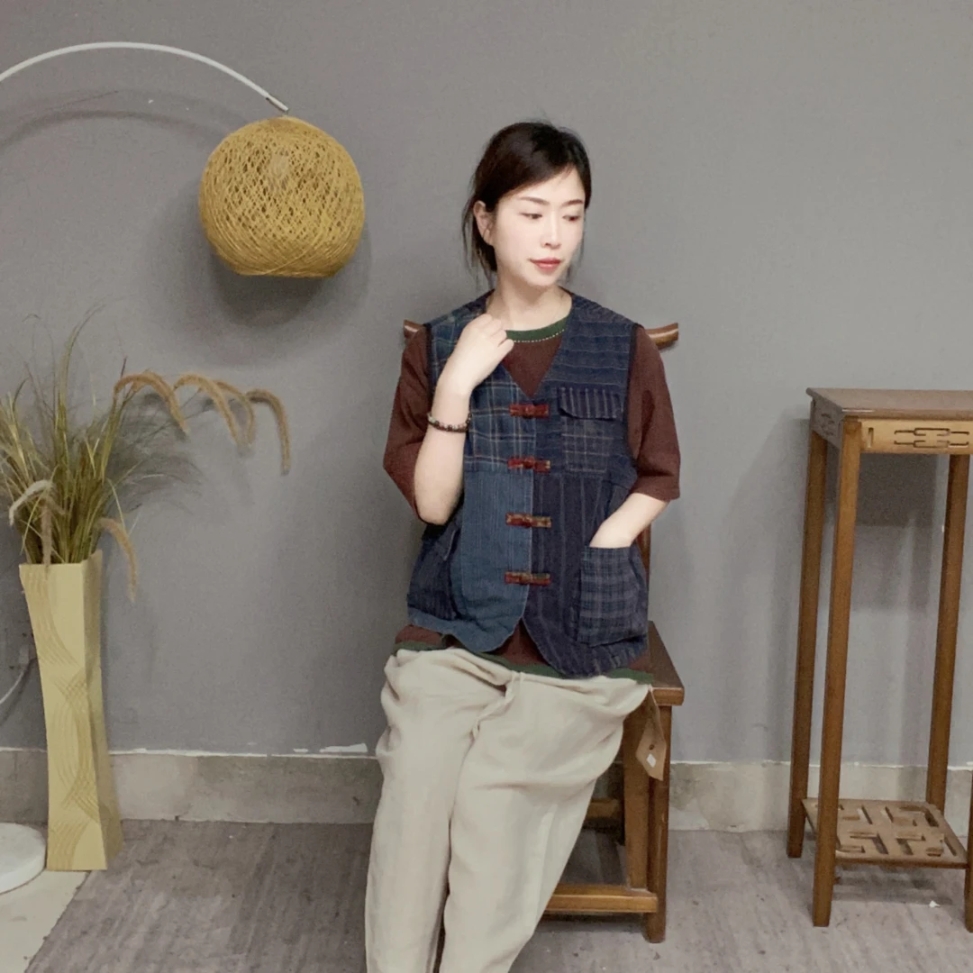 【胖妞推荐】宝藏衣橱新中式盘扣休闲原创百搭大码亚麻马甲文艺 790