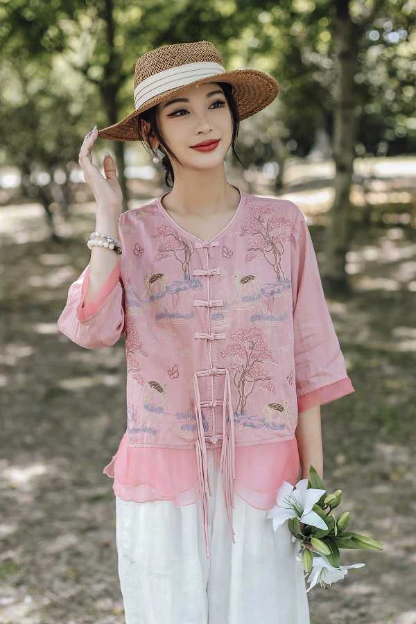 开衫夏宽松显瘦苎麻印花刺绣圆领碎花短上衣8889 肩宽40胸112长60