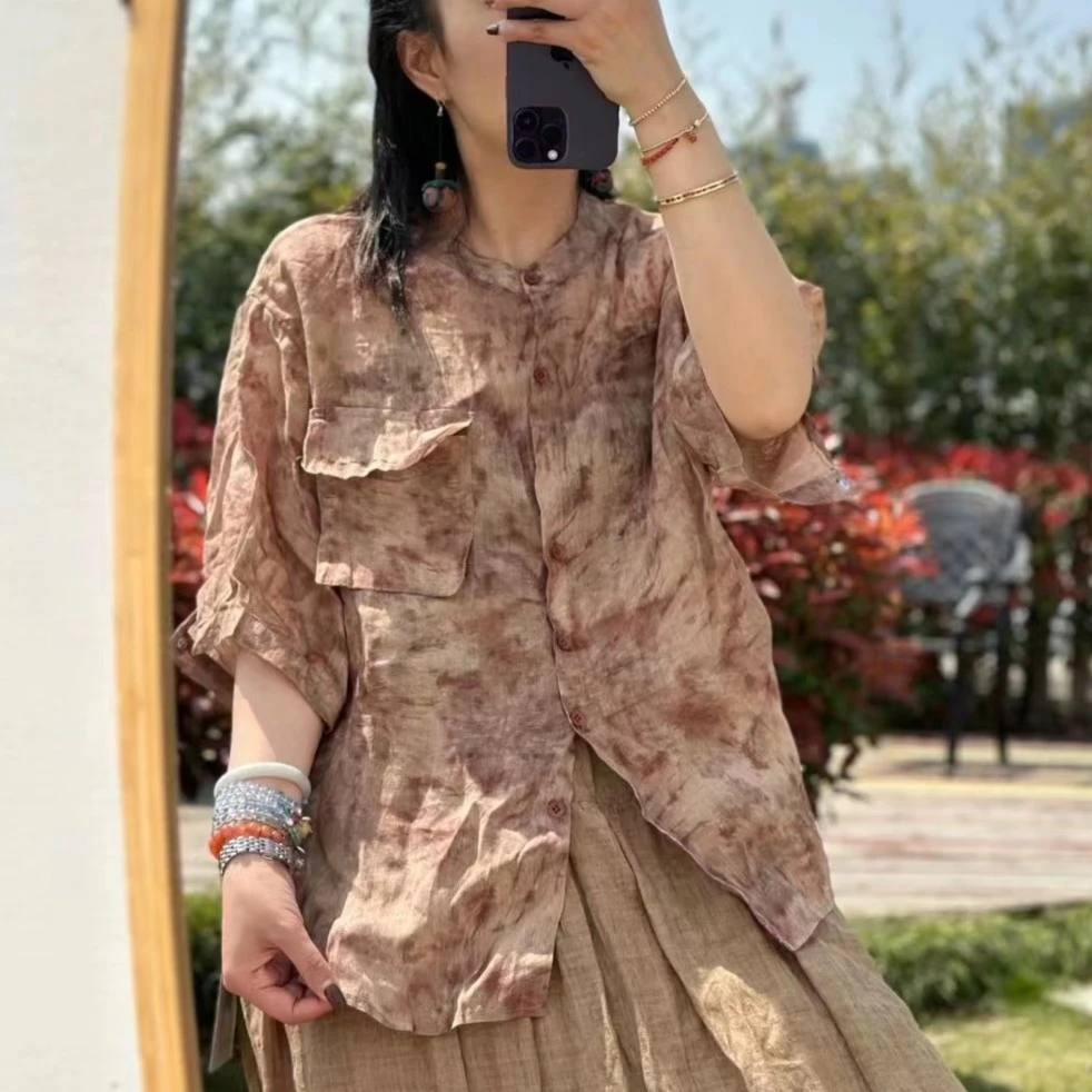 夏中式显瘦碎花宽松小衫复古苎麻短袖9983衣长60-75肩宽50胸围130