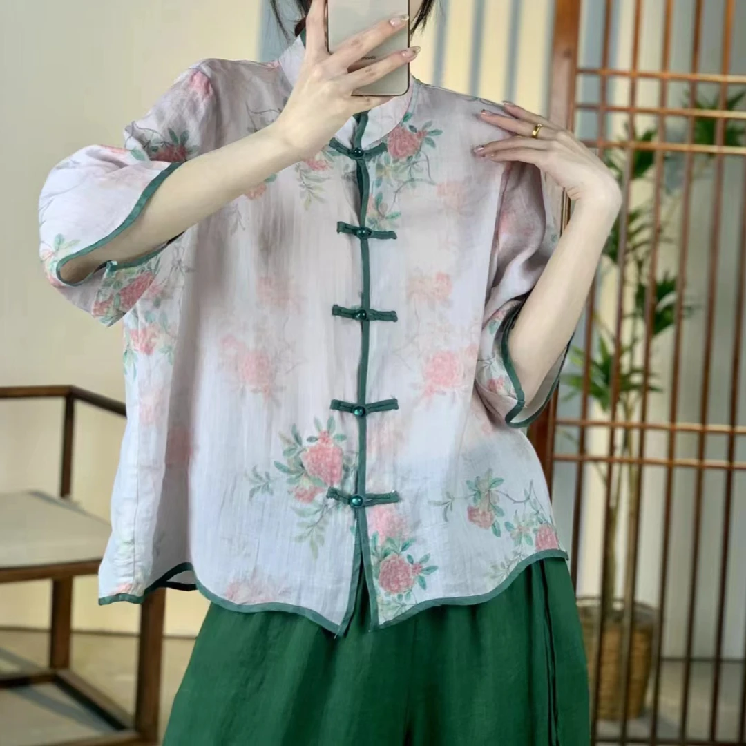 夏季宽松显瘦苎麻印花刺绣圆领碎花短上衣2439 肩宽40胸118长60