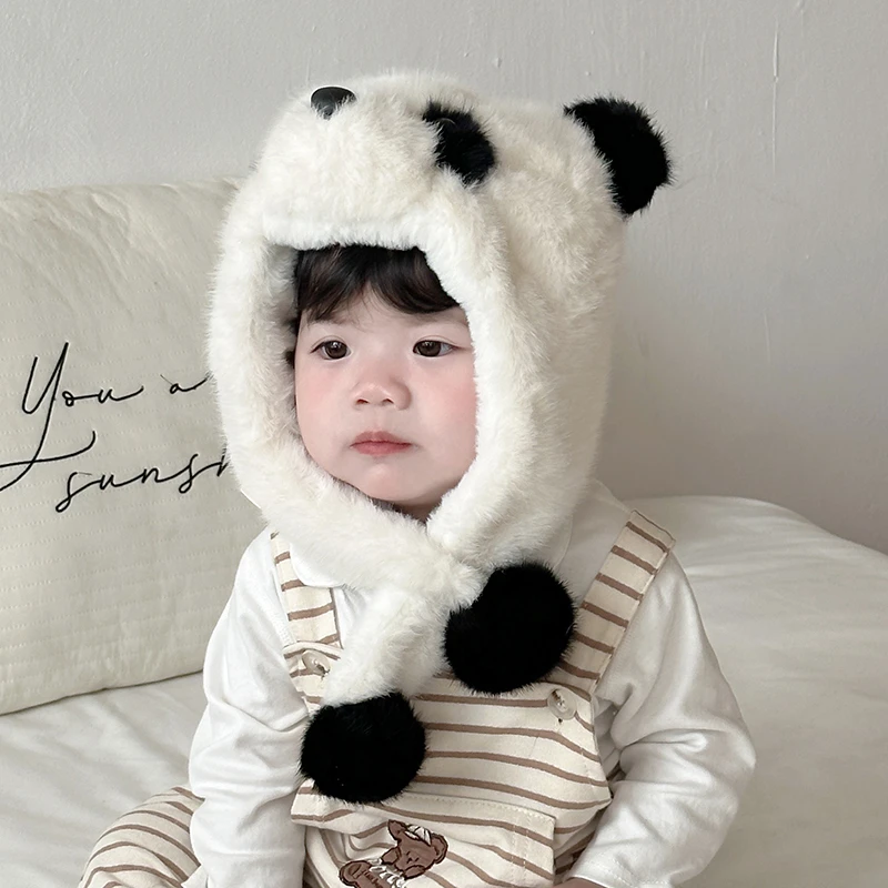 秋冬季春秋款婴幼儿毛绒帽宝宝熊猫套头帽男童女孩外出可耳帽