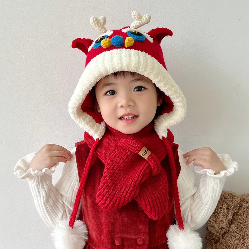 宝宝帽子秋冬季保暖手工护耳毛线帽加厚红色针织帽婴幼儿冬天围巾