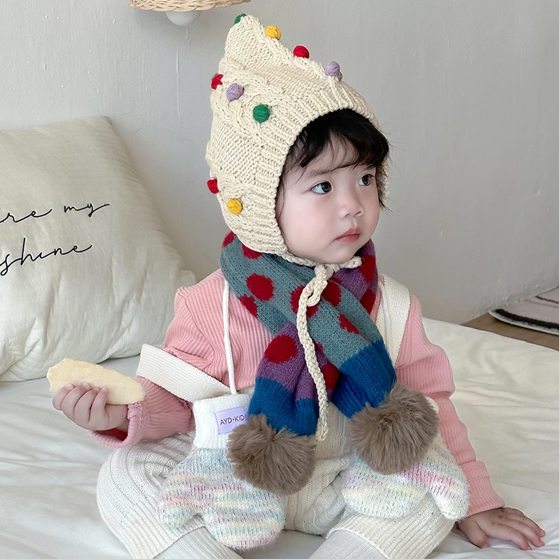 宝宝帽子秋冬男女针织毛线帽可爱婴幼儿童护耳保暖手工套头帽手套