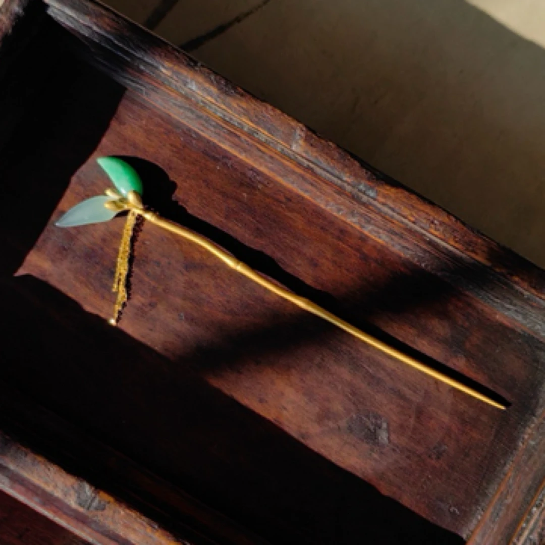 翡翠冰胶满果绿金枝玉叶竹报平安发簪银鎏金簪子