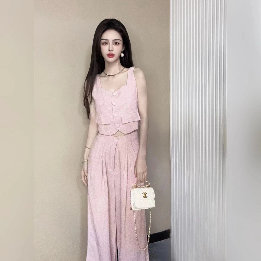 【心动返航】法式小香风甜辣设计感背心上衣高腰阔腿休闲裤两件套