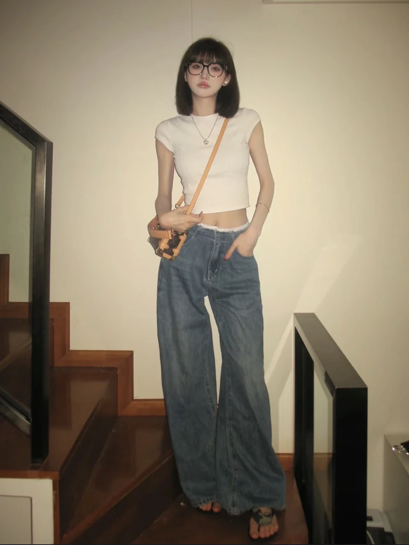2024夏季新款美式复古正肩简约白色T恤蓝色阔腿牛仔裤两件套装