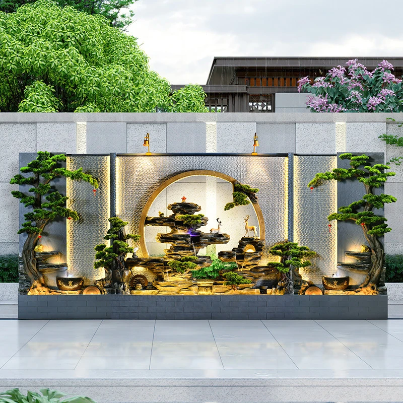 水幕墙流水屏风假山流水喷泉公司酒店户外别墅庭院鱼池流水墙摆件